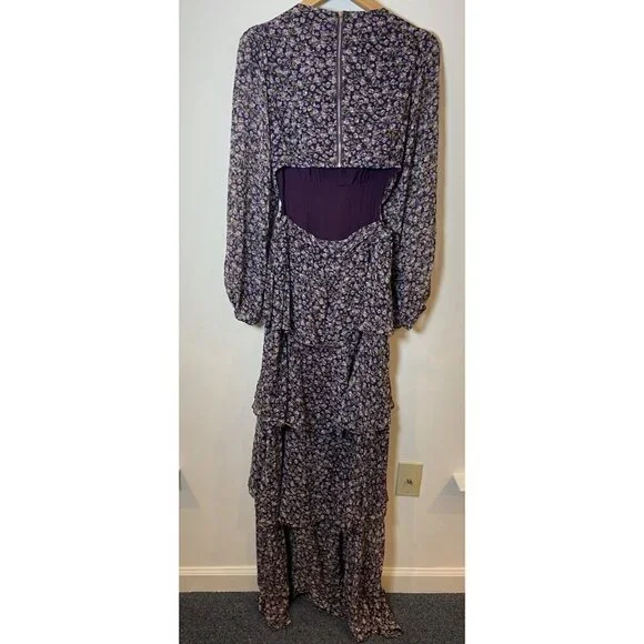 Astr the Label Tired Maxi Dress Side Slit Open Back Purple Green Gold Floral M - Picture 3 of 7